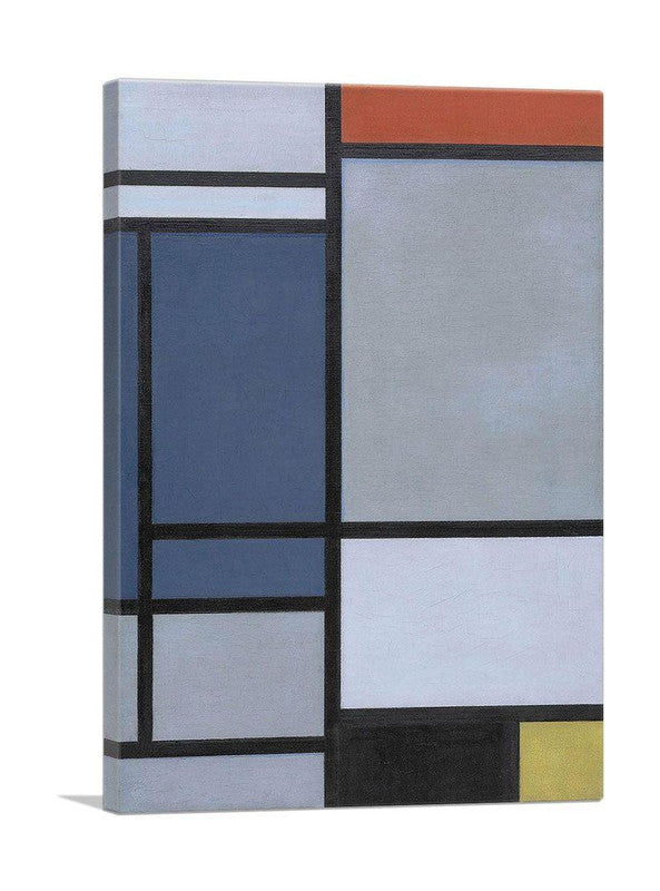 Abstract canvas art featuring vibrant colors red, blue, black, yellow, and gray in a geometric composition.