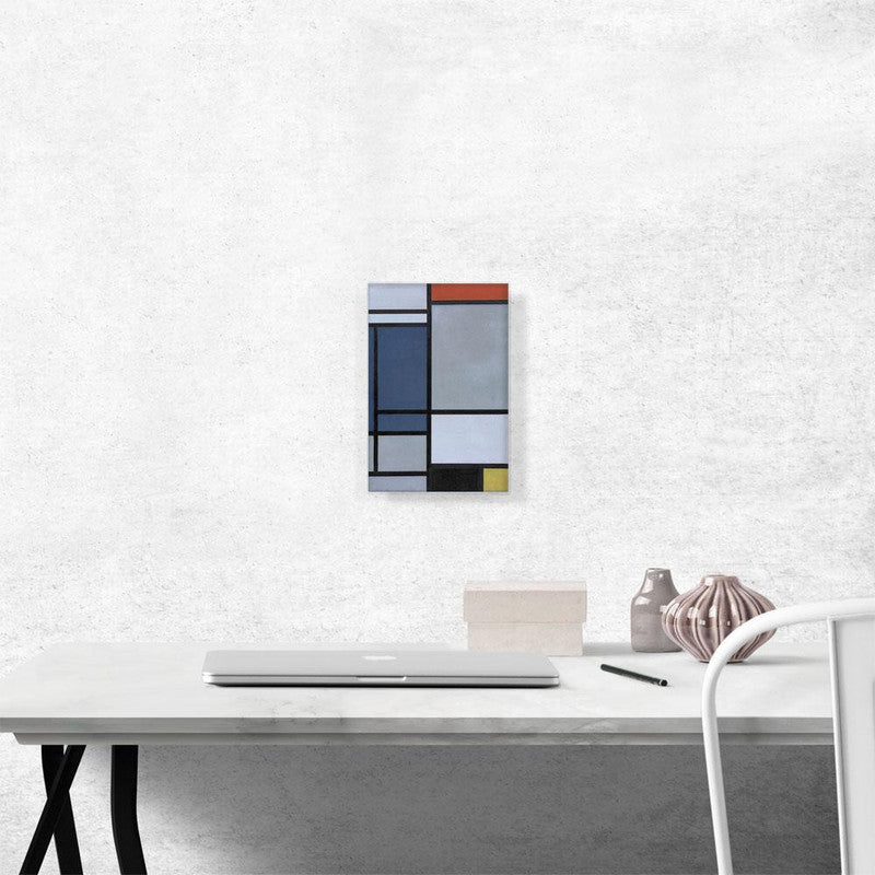 Abstract canvas art featuring vibrant colors red, blue, black, yellow, and gray in a geometric composition.