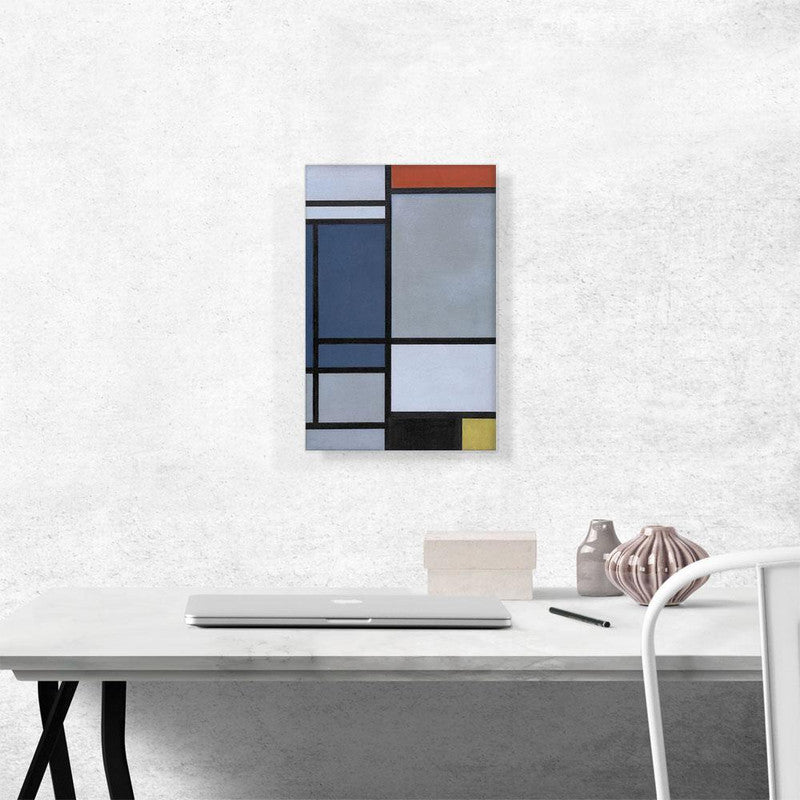 Abstract canvas art featuring vibrant colors red, blue, black, yellow, and gray in a geometric composition.