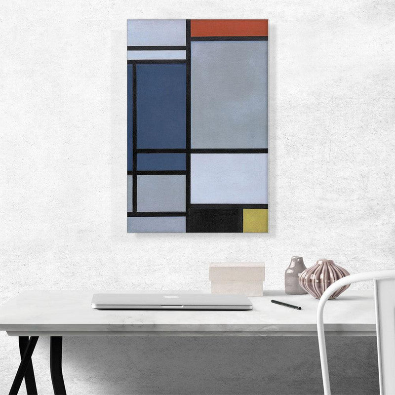 Abstract canvas art featuring vibrant colors red, blue, black, yellow, and gray in a geometric composition.