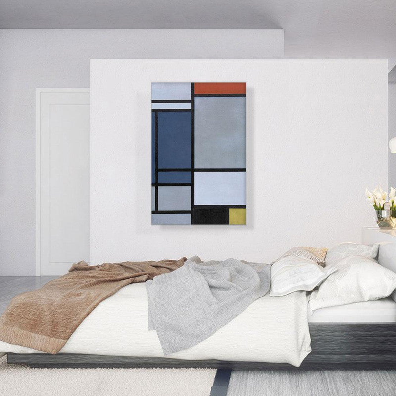 Abstract canvas art featuring vibrant colors red, blue, black, yellow, and gray in a geometric composition.