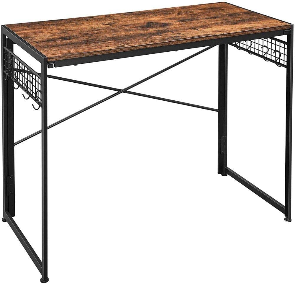 Rustic brown and black computer desk featuring 8 hooks for organization, ideal for small spaces.