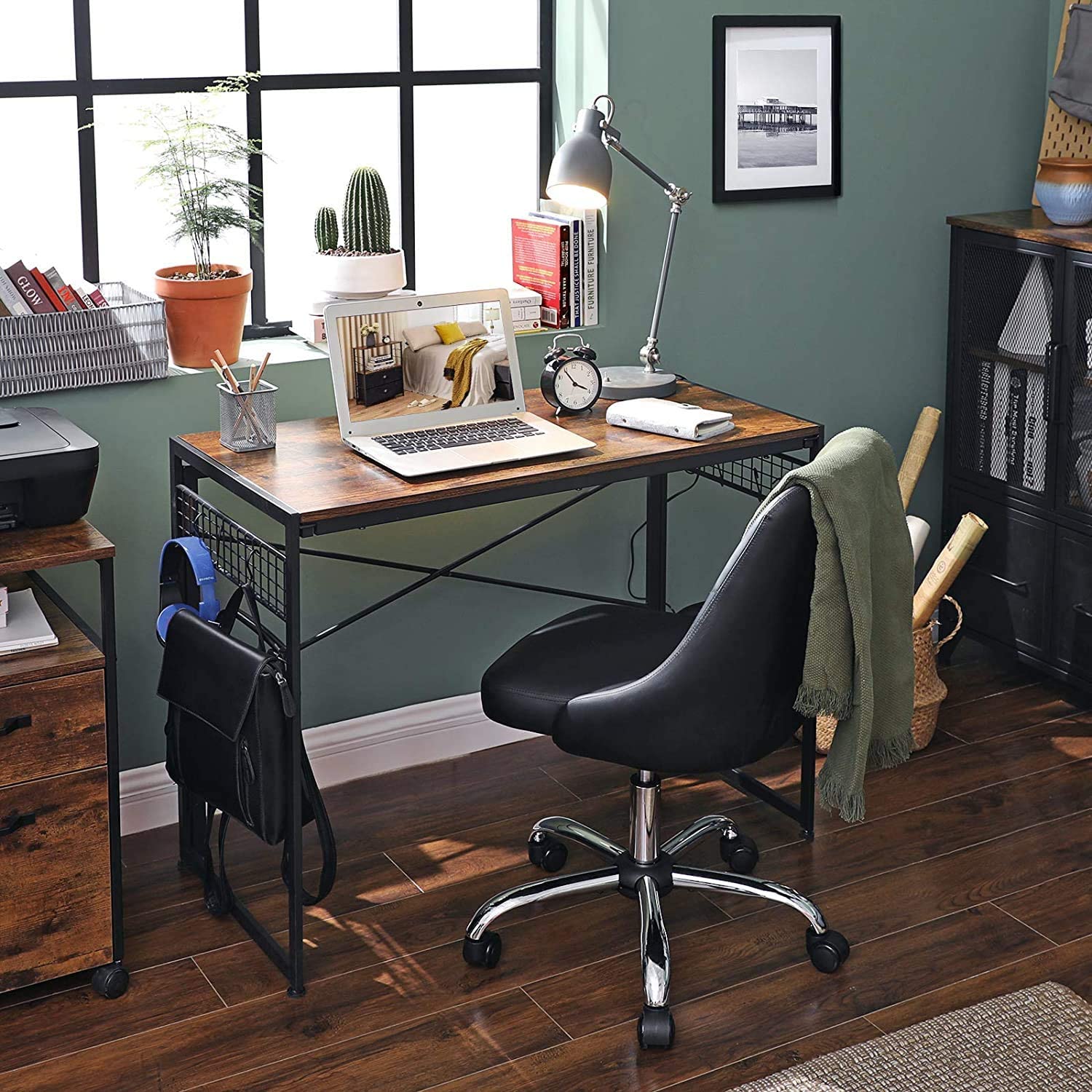 Rustic brown and black computer desk featuring 8 hooks for organization, ideal for small spaces.