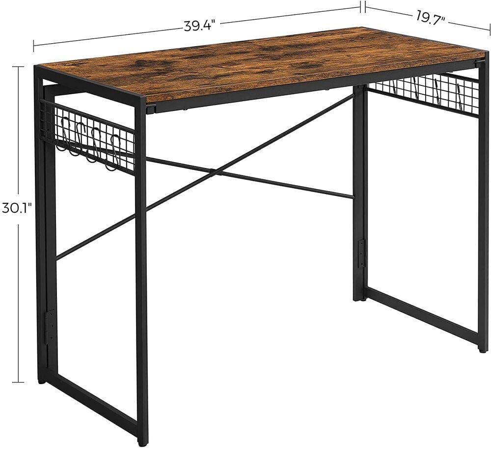 Rustic brown and black computer desk featuring 8 hooks for organization, ideal for small spaces.