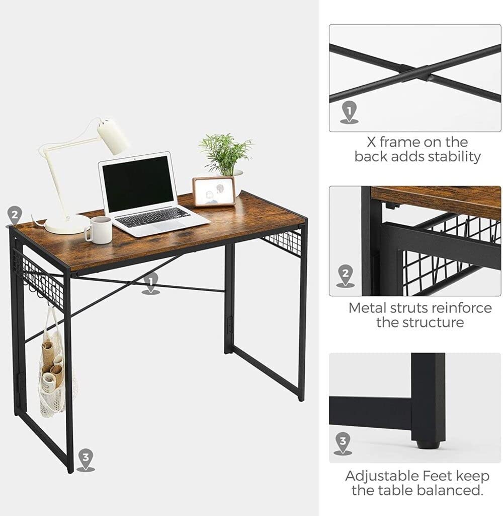 Rustic brown and black computer desk featuring 8 hooks for organization, ideal for small spaces.