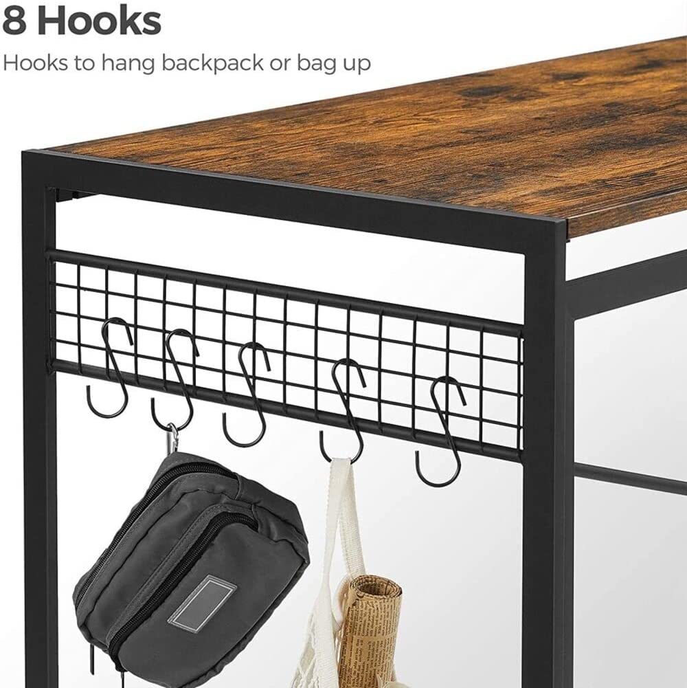 Rustic brown and black computer desk featuring 8 hooks for organization, ideal for small spaces.