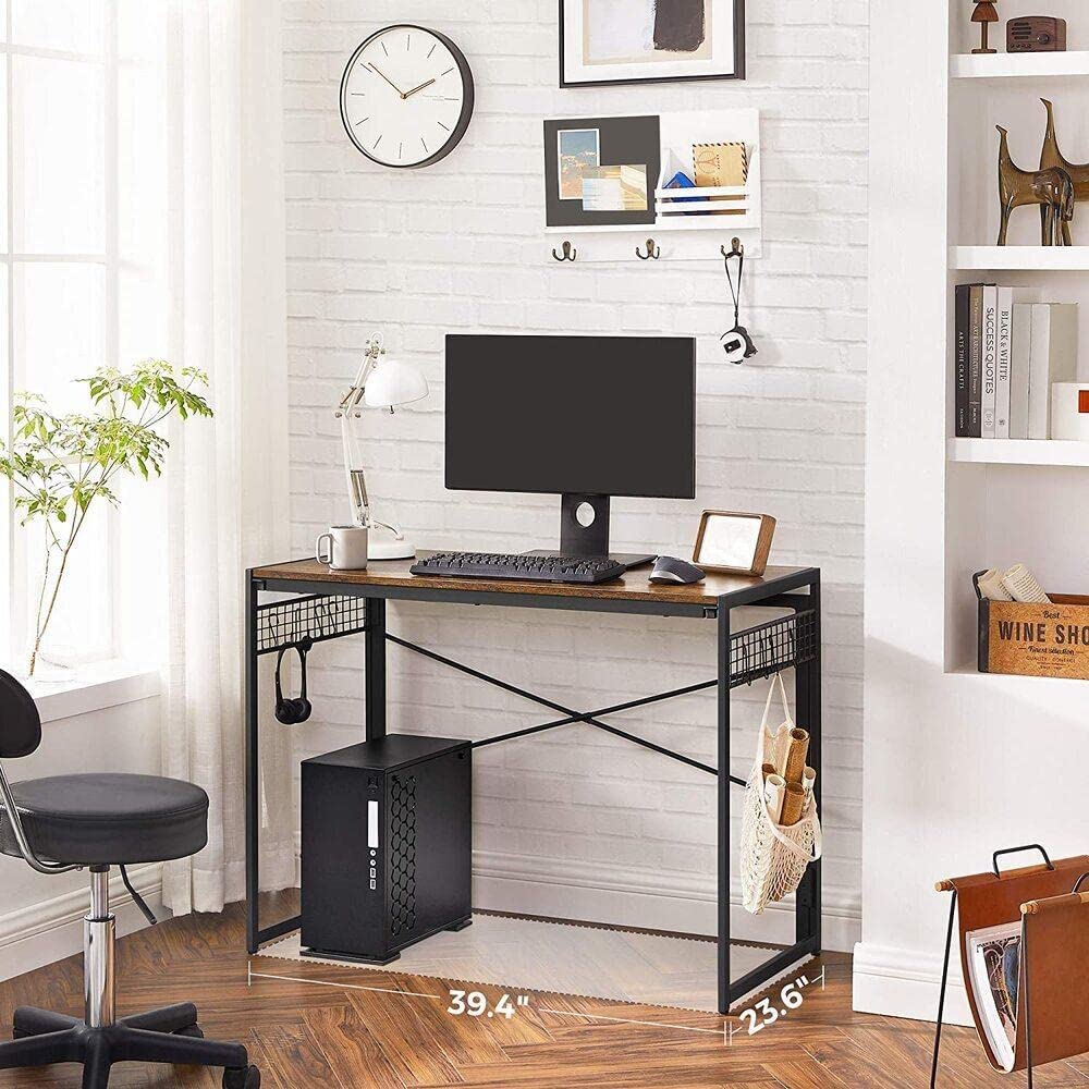 Rustic brown and black computer desk featuring 8 hooks for organization, ideal for small spaces.