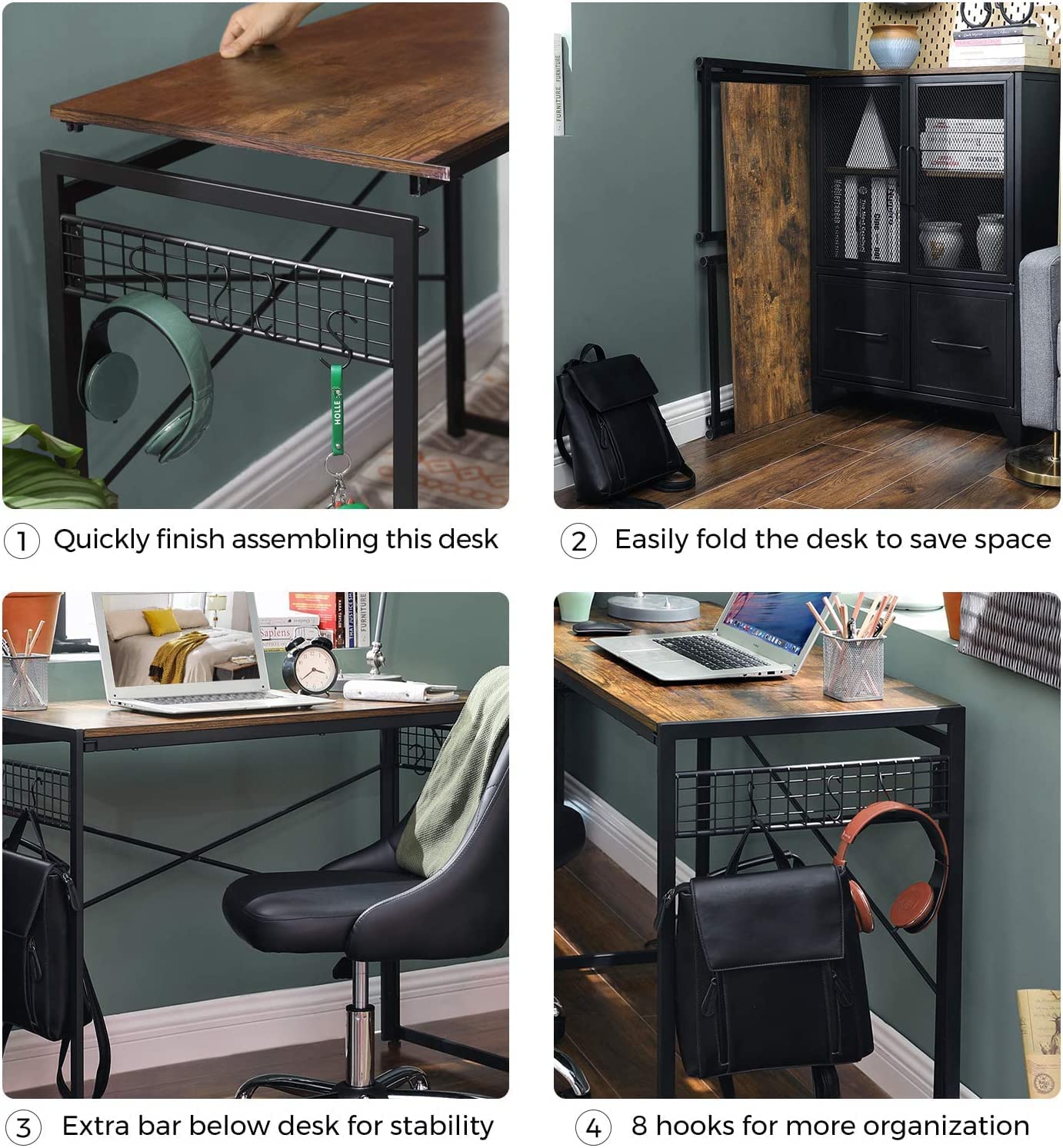 Rustic brown and black computer desk featuring 8 hooks for organization, ideal for small spaces.