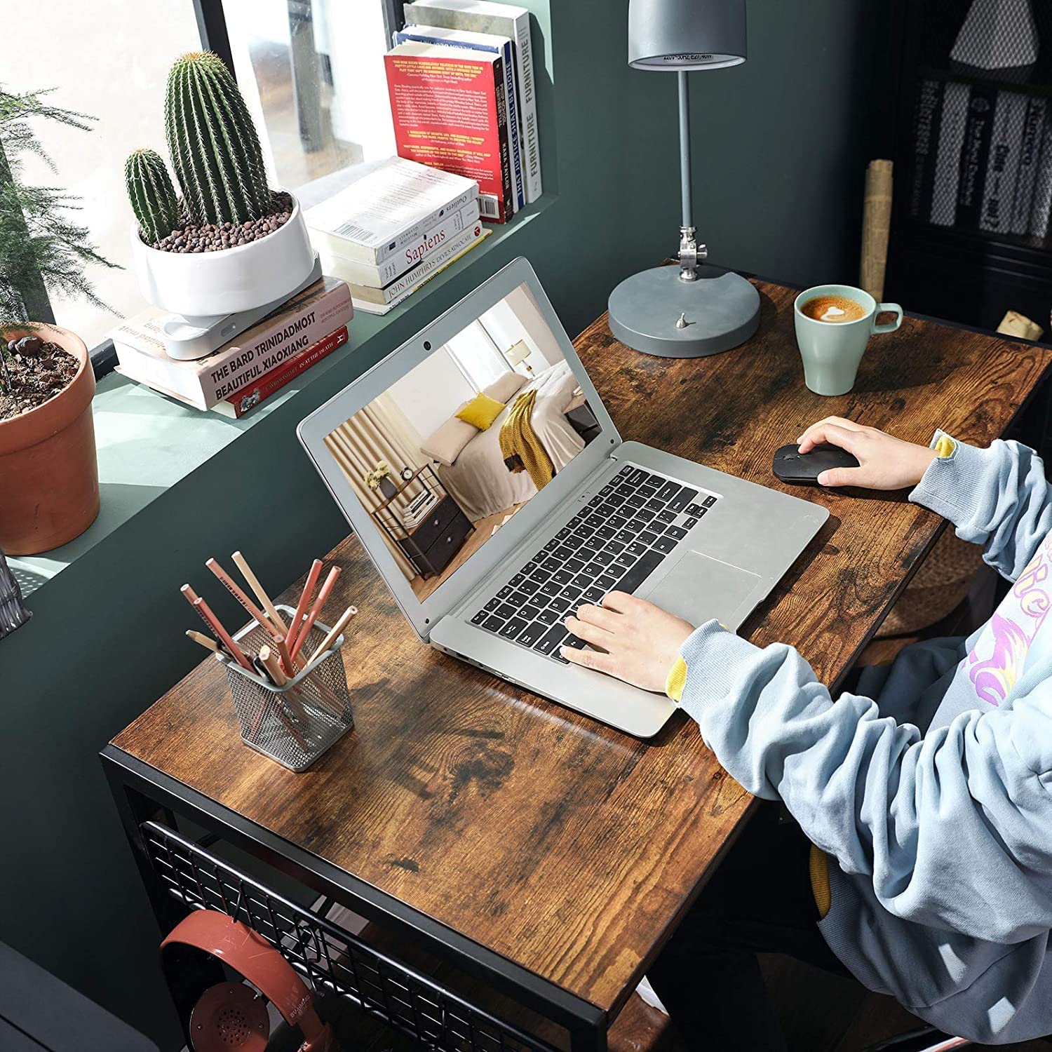 Rustic brown and black computer desk featuring 8 hooks for organization, ideal for small spaces.