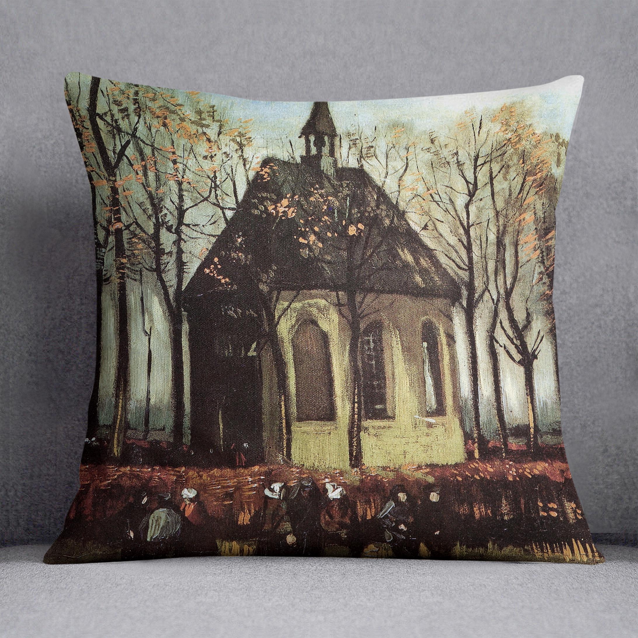 A vibrant cushion featuring Van Gogh's abstract design of Congregation Leaving the Reformed Church in Nuenen, made from luxurious vegan faux suede.