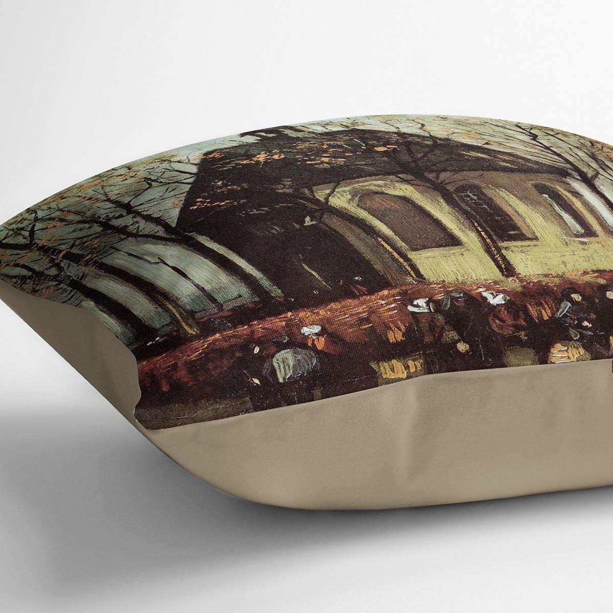 A vibrant cushion featuring Van Gogh's abstract design of Congregation Leaving the Reformed Church in Nuenen, made from luxurious vegan faux suede.