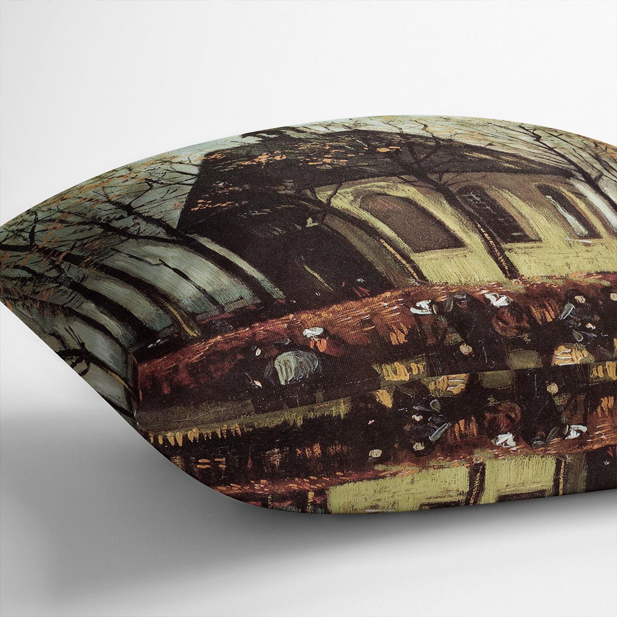 A vibrant cushion featuring Van Gogh's abstract design of Congregation Leaving the Reformed Church in Nuenen, made from luxurious vegan faux suede.