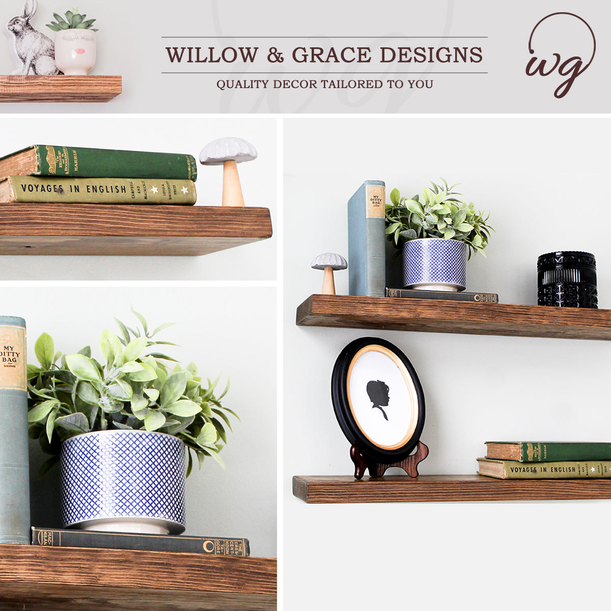 Connie Floating Shelves in Light Walnut, showcasing rustic wood craftsmanship and elegant design.