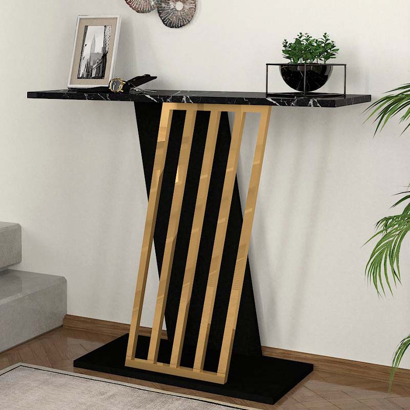 JAKARTA Console Table featuring a black marble effect with gold accents, showcasing its elegant design and sturdy construction.