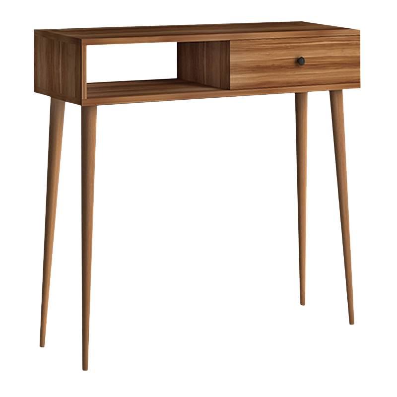 Console Table KEVIN in walnut finish, featuring a shelf and cupboard, dimensions 90x29x88 cm.