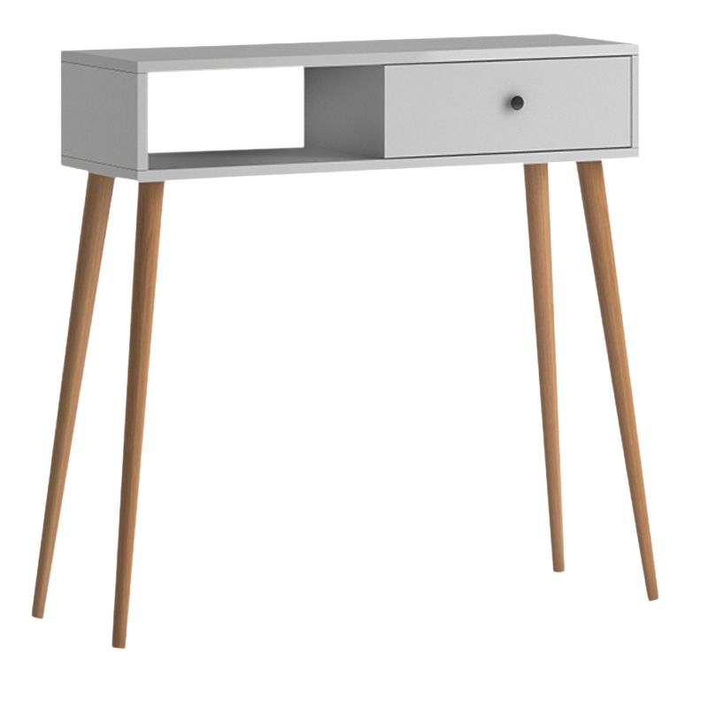 White Console Table KEVIN with shelf and cupboard, measuring 90x29x88cm, showcasing modern design and durable melamine material.