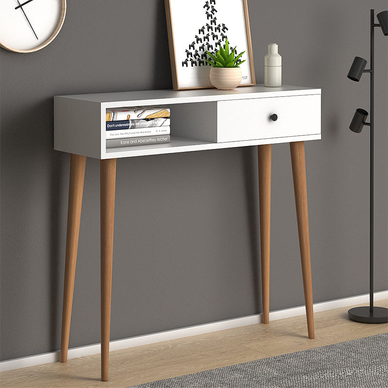 White Console Table KEVIN with shelf and cupboard, measuring 90x29x88cm, showcasing modern design and durable melamine material.