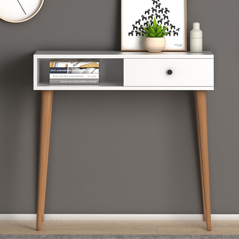 White Console Table KEVIN with shelf and cupboard, measuring 90x29x88cm, showcasing modern design and durable melamine material.