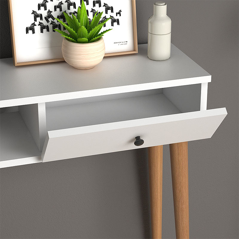 White Console Table KEVIN with shelf and cupboard, measuring 90x29x88cm, showcasing modern design and durable melamine material.