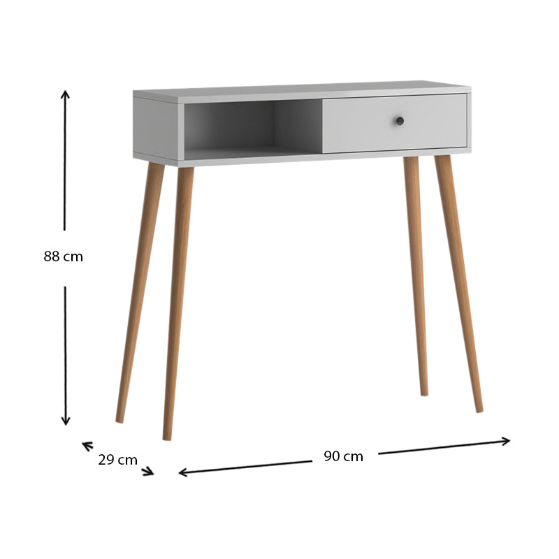White Console Table KEVIN with shelf and cupboard, measuring 90x29x88cm, showcasing modern design and durable melamine material.