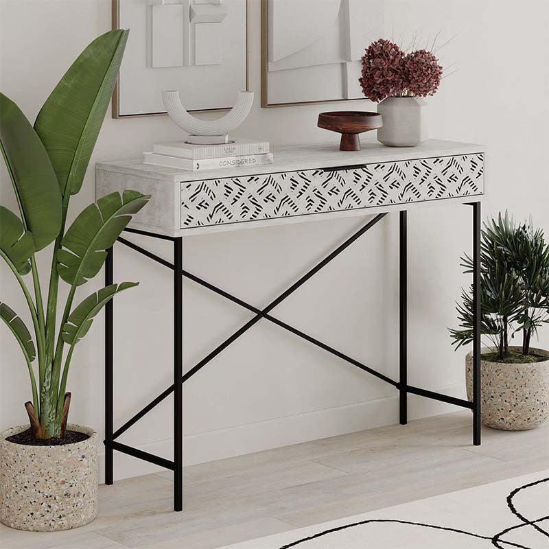 TAMARA Console Table in Ancient White, featuring a sleek design and sturdy metal and melamine construction, ideal for home or office use.