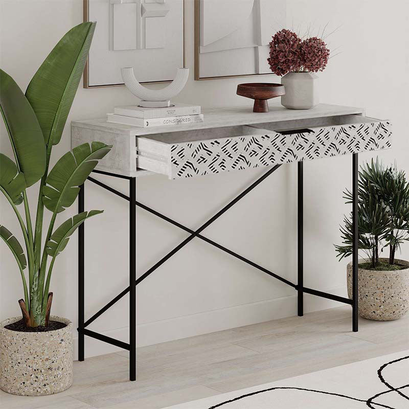 TAMARA Console Table in Ancient White, featuring a sleek design and sturdy metal and melamine construction, ideal for home or office use.