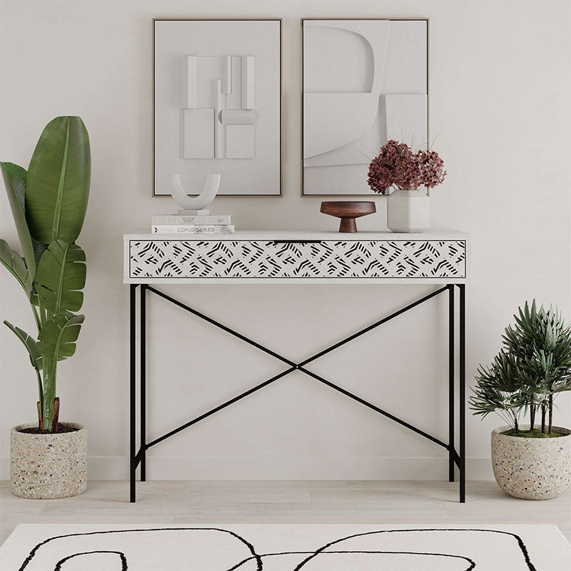 TAMARA Console Table in Ancient White, featuring a sleek design and sturdy metal and melamine construction, ideal for home or office use.