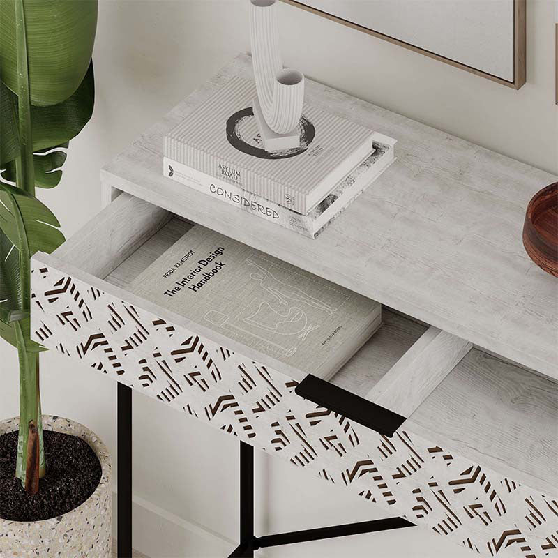 TAMARA Console Table in Ancient White, featuring a sleek design and sturdy metal and melamine construction, ideal for home or office use.