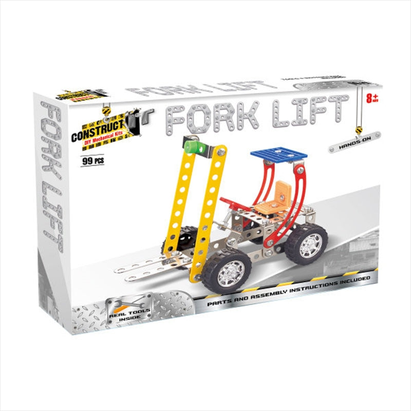 Construct-It! Fork Lift 99-Piece Metal Building Set with various metal pieces and assembly instructions.