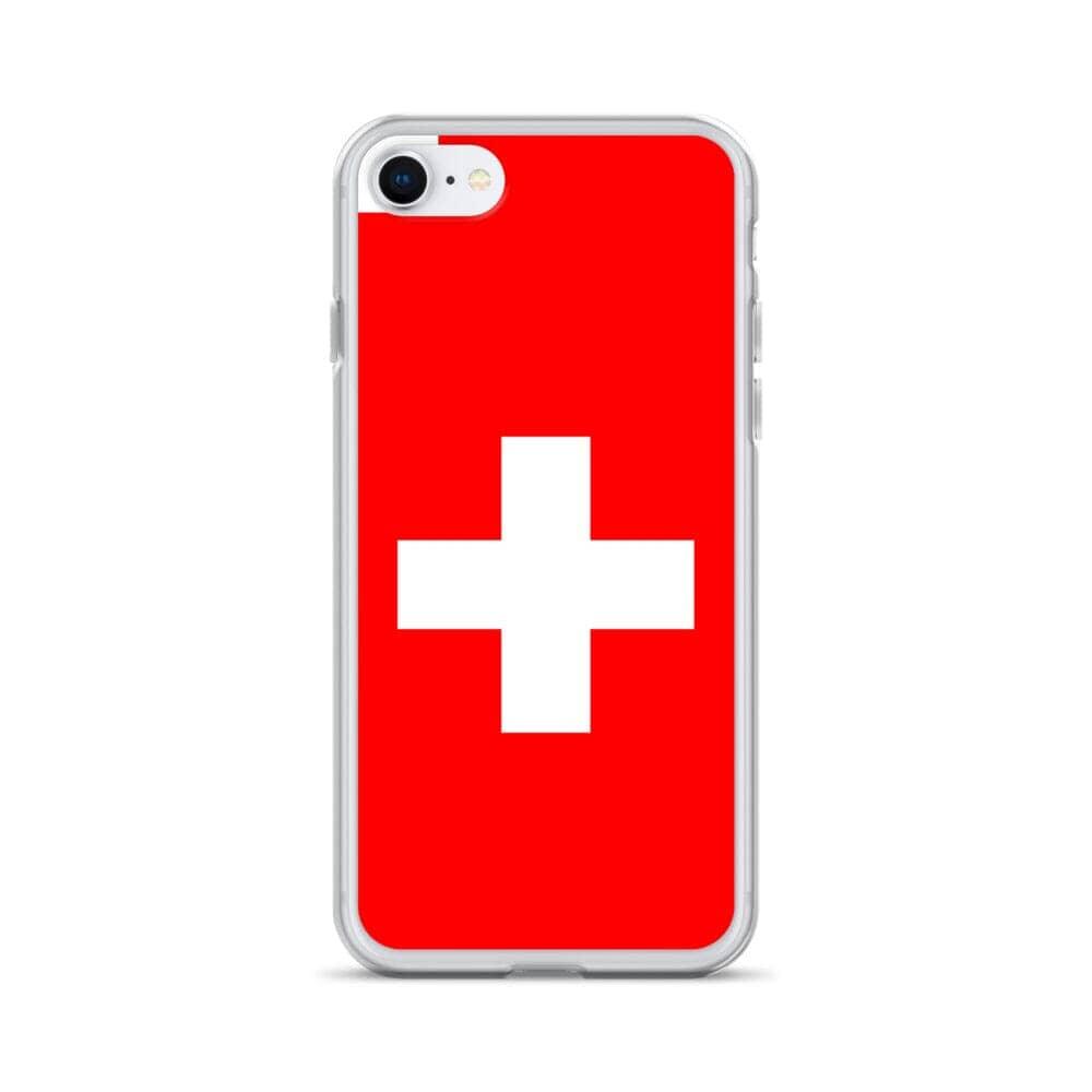 Coque de téléphone transparente avec le drapeau et les armoiries de la Suisse, conçue pour iPhone.