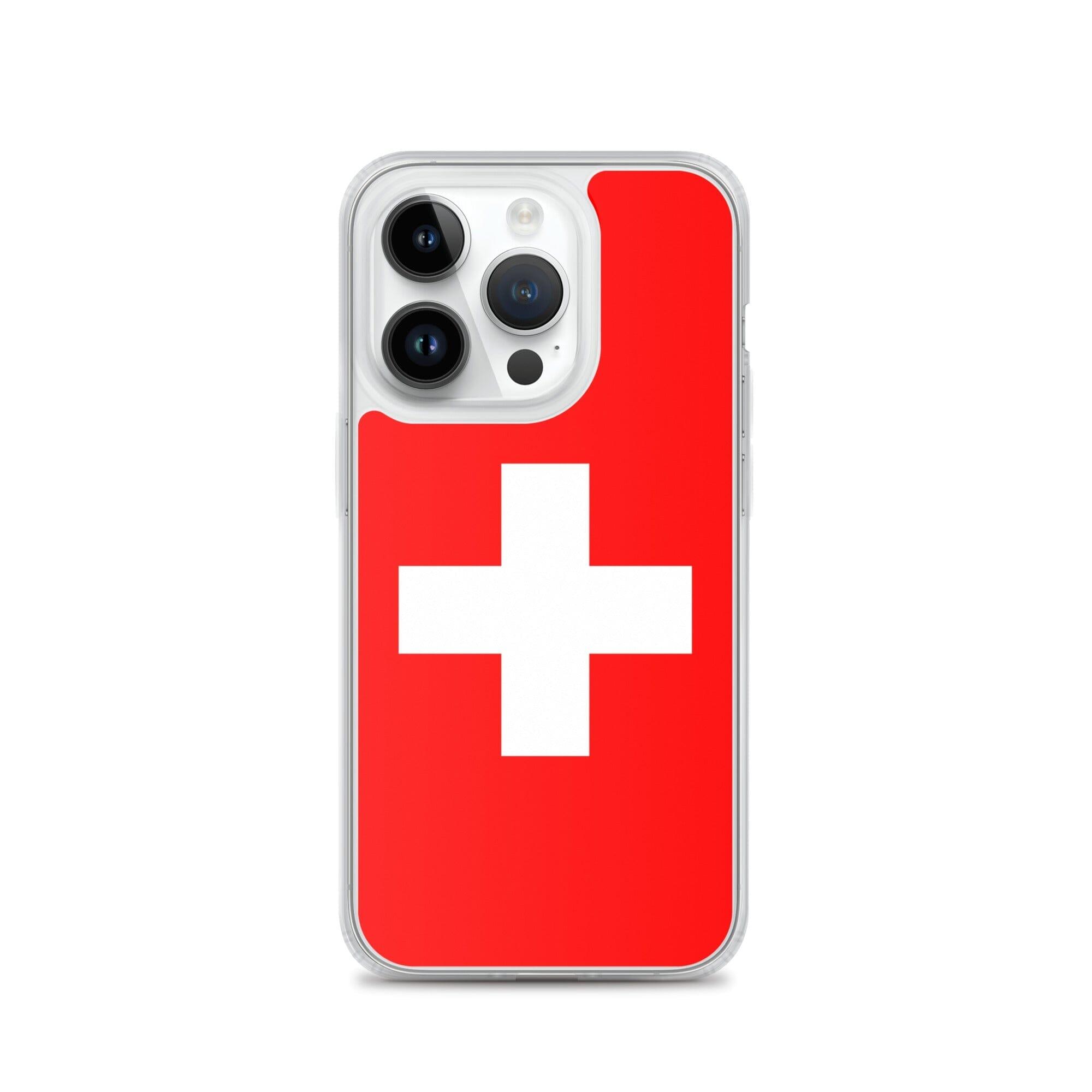 Coque de téléphone transparente avec le drapeau et les armoiries de la Suisse, conçue pour iPhone.