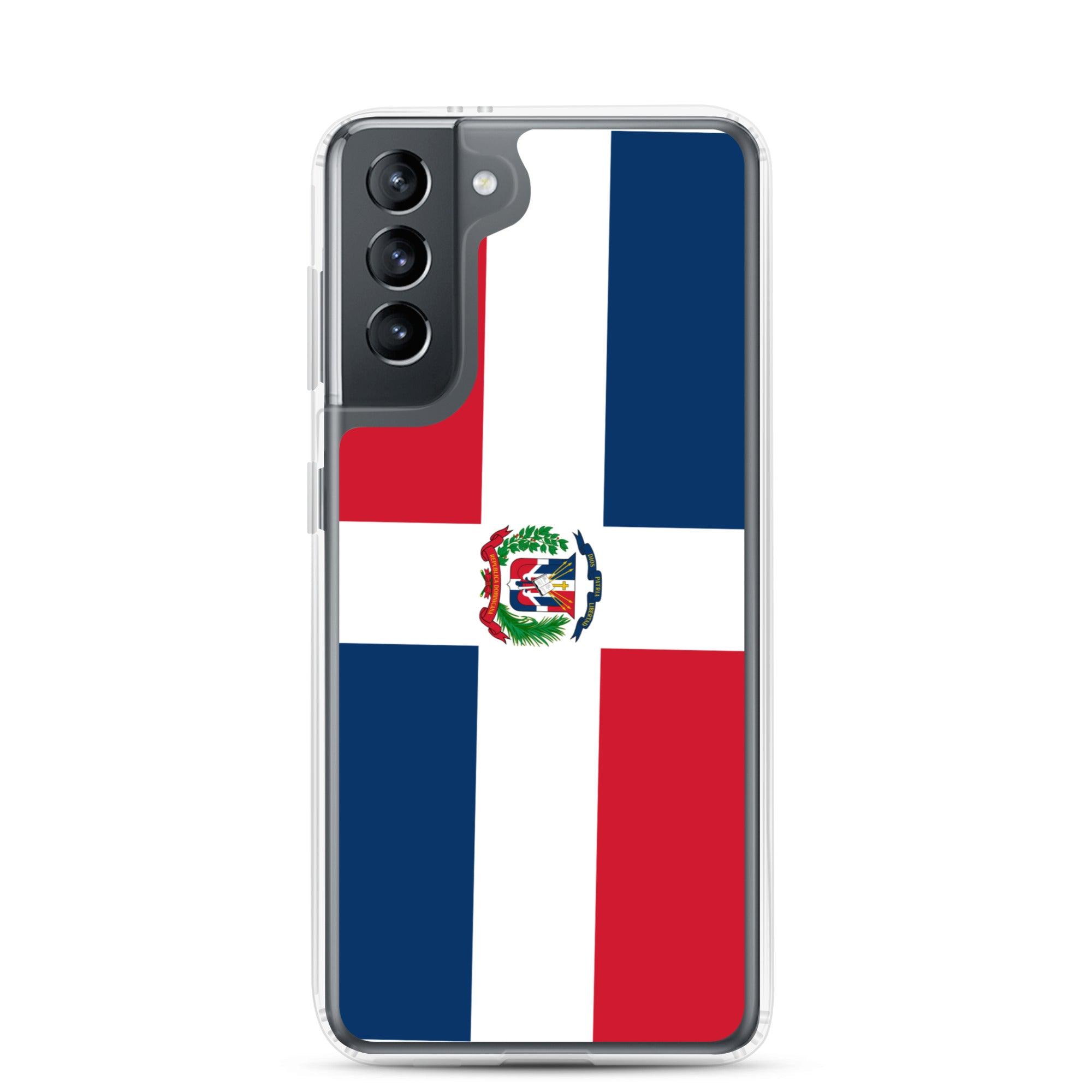 Coque de téléphone avec le drapeau de la République dominicaine, en TPU flexible et transparent, offrant une protection complète.