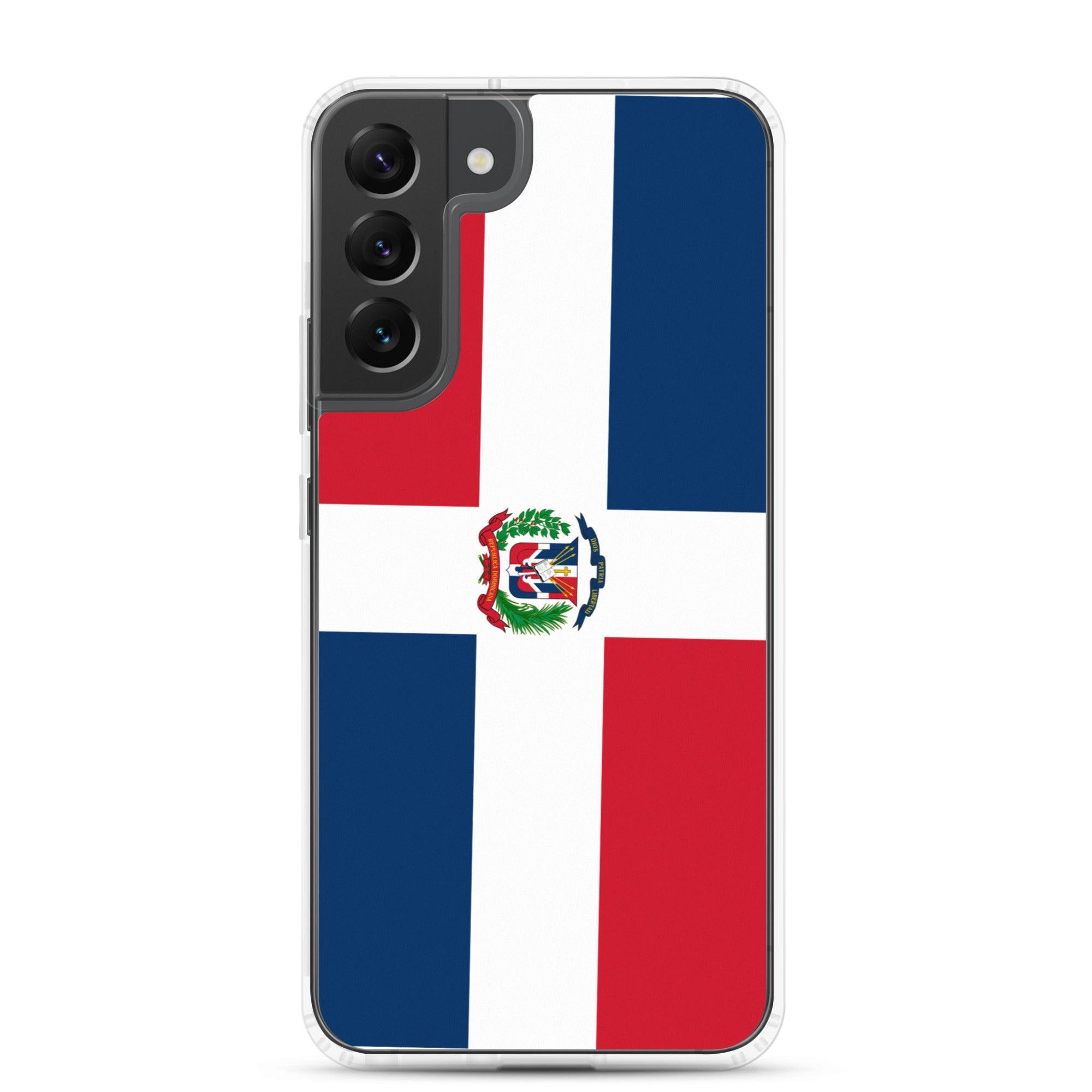 Coque de téléphone avec le drapeau de la République dominicaine, en TPU flexible et transparent, offrant une protection complète.