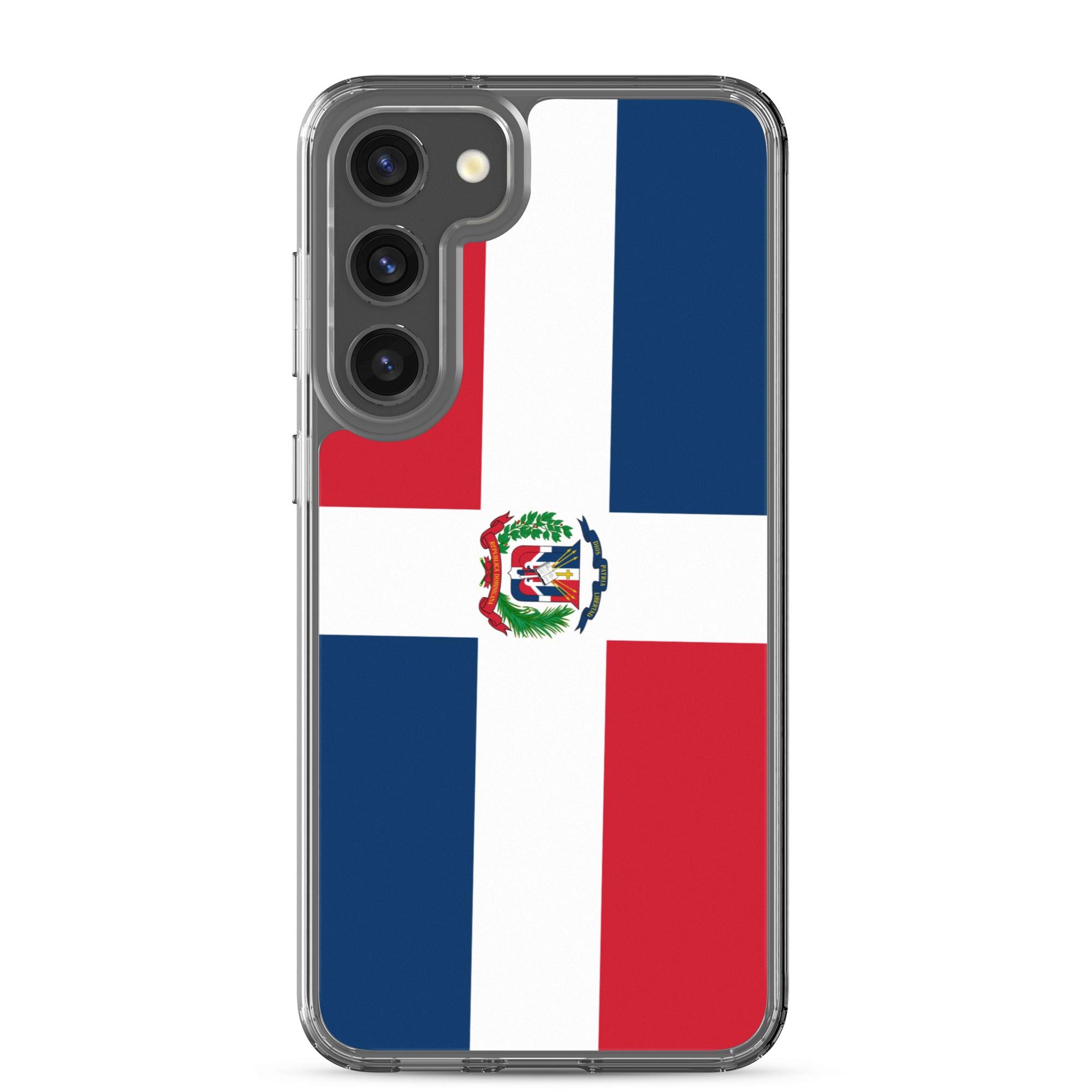 Coque de téléphone avec le drapeau de la République dominicaine, en TPU flexible et transparent, offrant une protection complète.