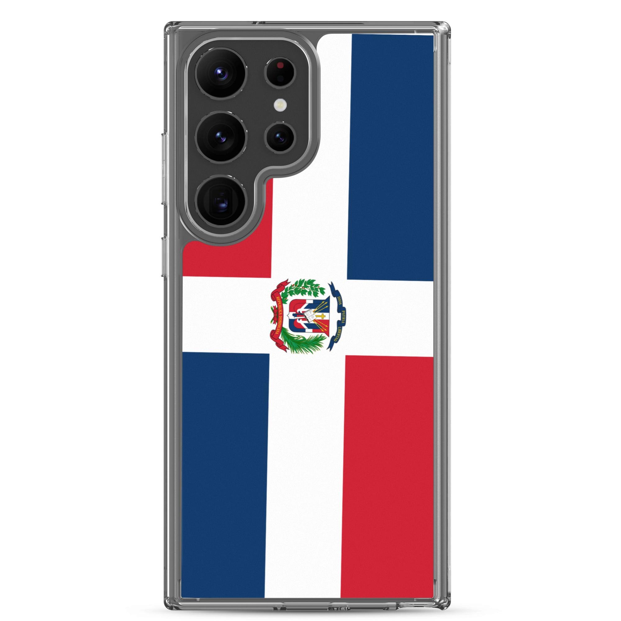 Coque de téléphone avec le drapeau de la République dominicaine, en TPU flexible et transparent, offrant une protection complète.