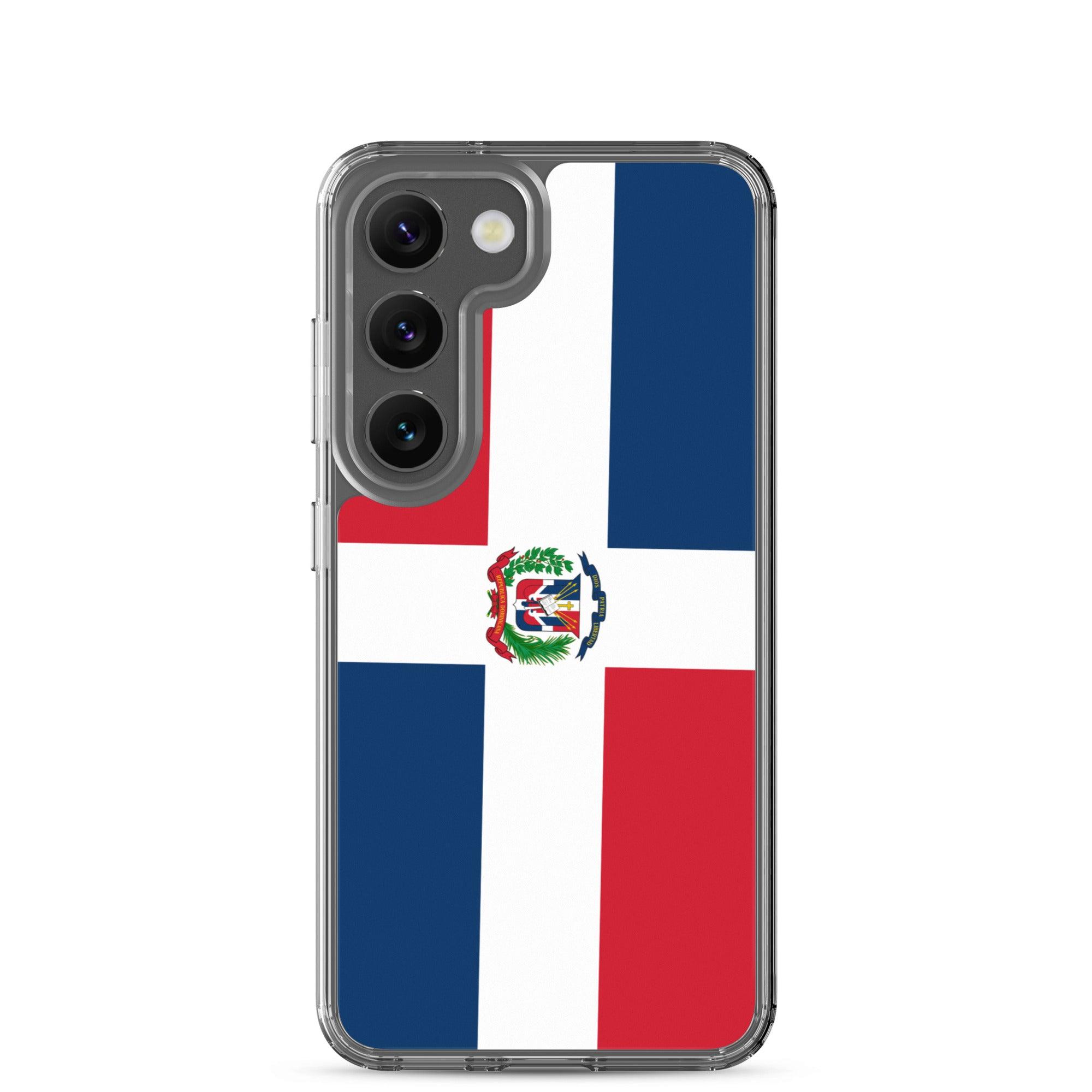 Coque de téléphone avec le drapeau de la République dominicaine, en TPU flexible et transparent, offrant une protection complète.
