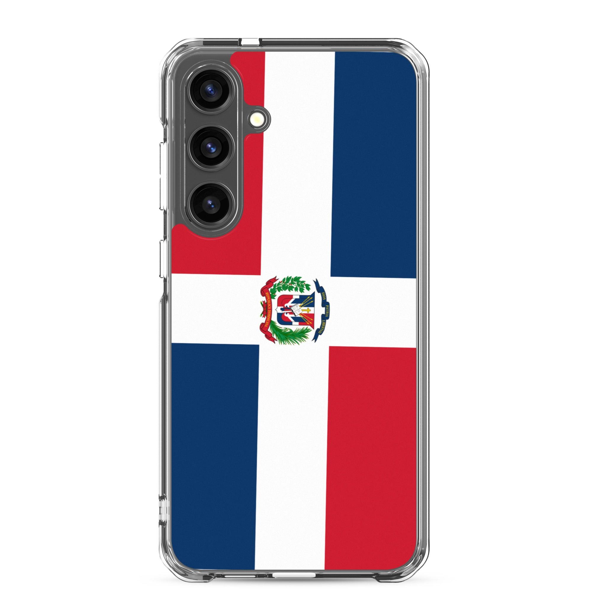 Coque de téléphone avec le drapeau de la République dominicaine, en TPU flexible et transparent, offrant une protection complète.