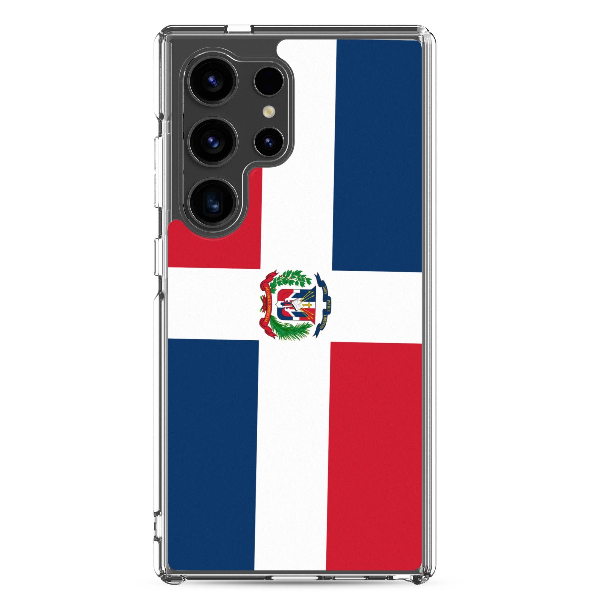 Coque de téléphone avec le drapeau de la République dominicaine, en TPU flexible et transparent, offrant une protection complète.