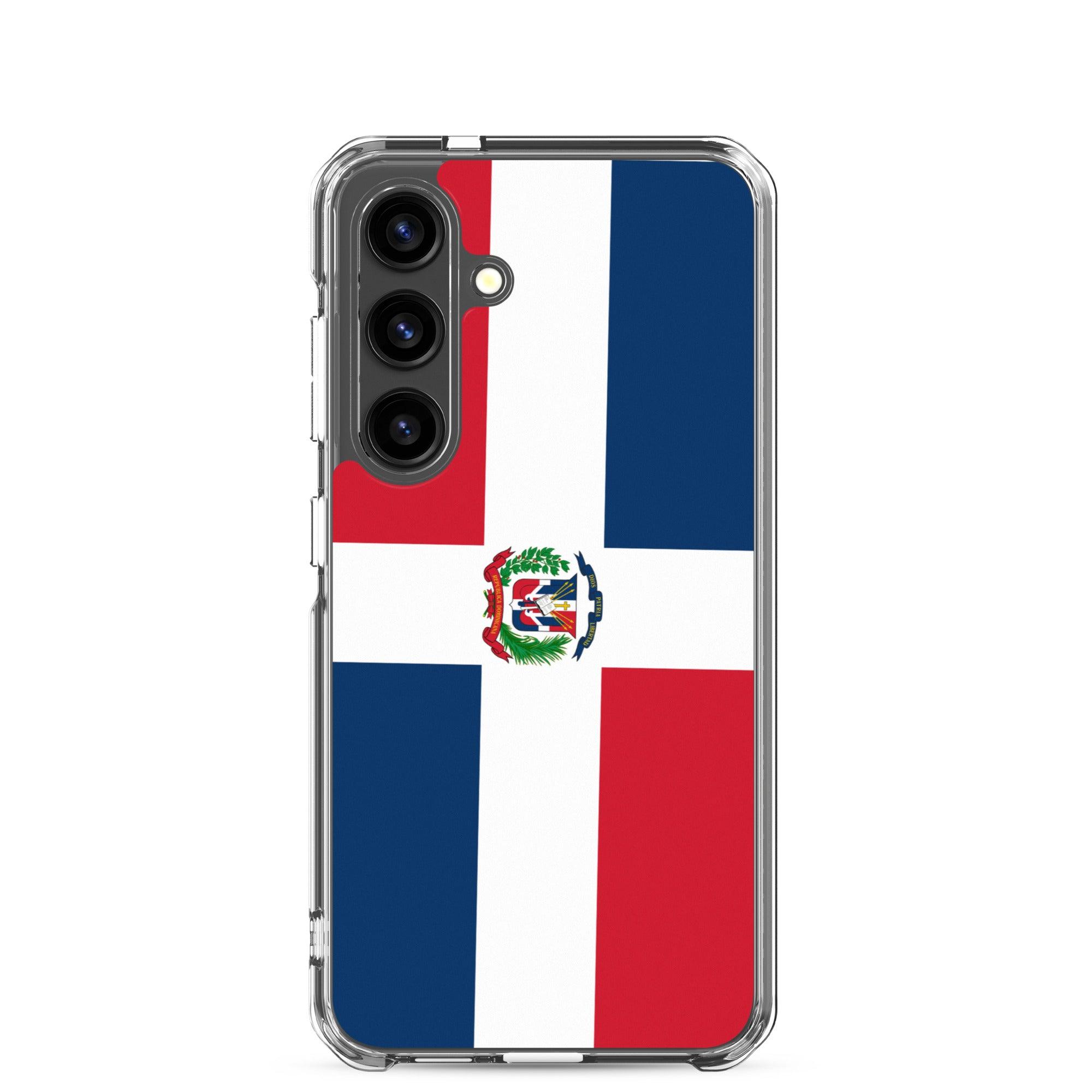 Coque de téléphone avec le drapeau de la République dominicaine, en TPU flexible et transparent, offrant une protection complète.