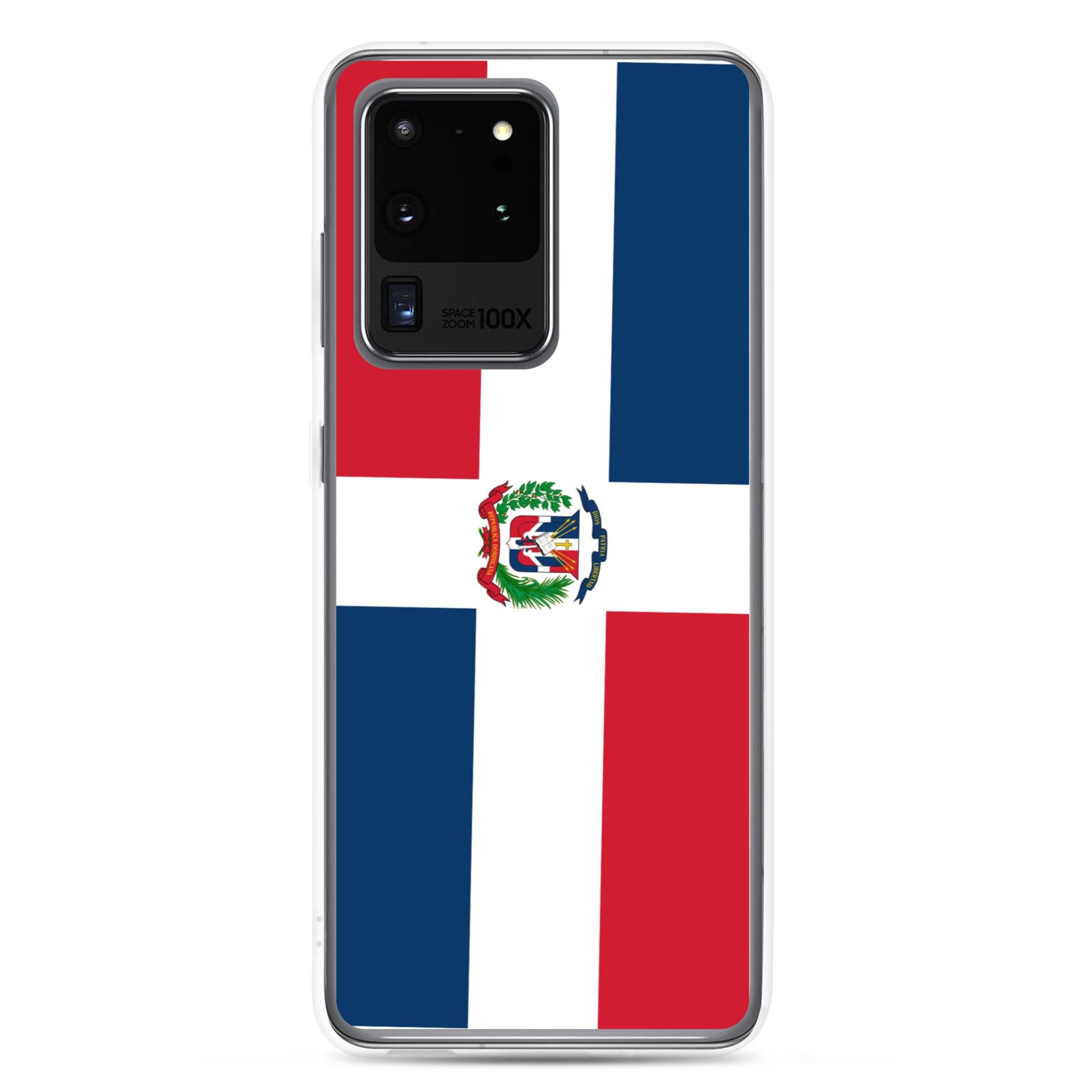 Coque de téléphone avec le drapeau de la République dominicaine, en TPU flexible et transparent, offrant une protection complète.