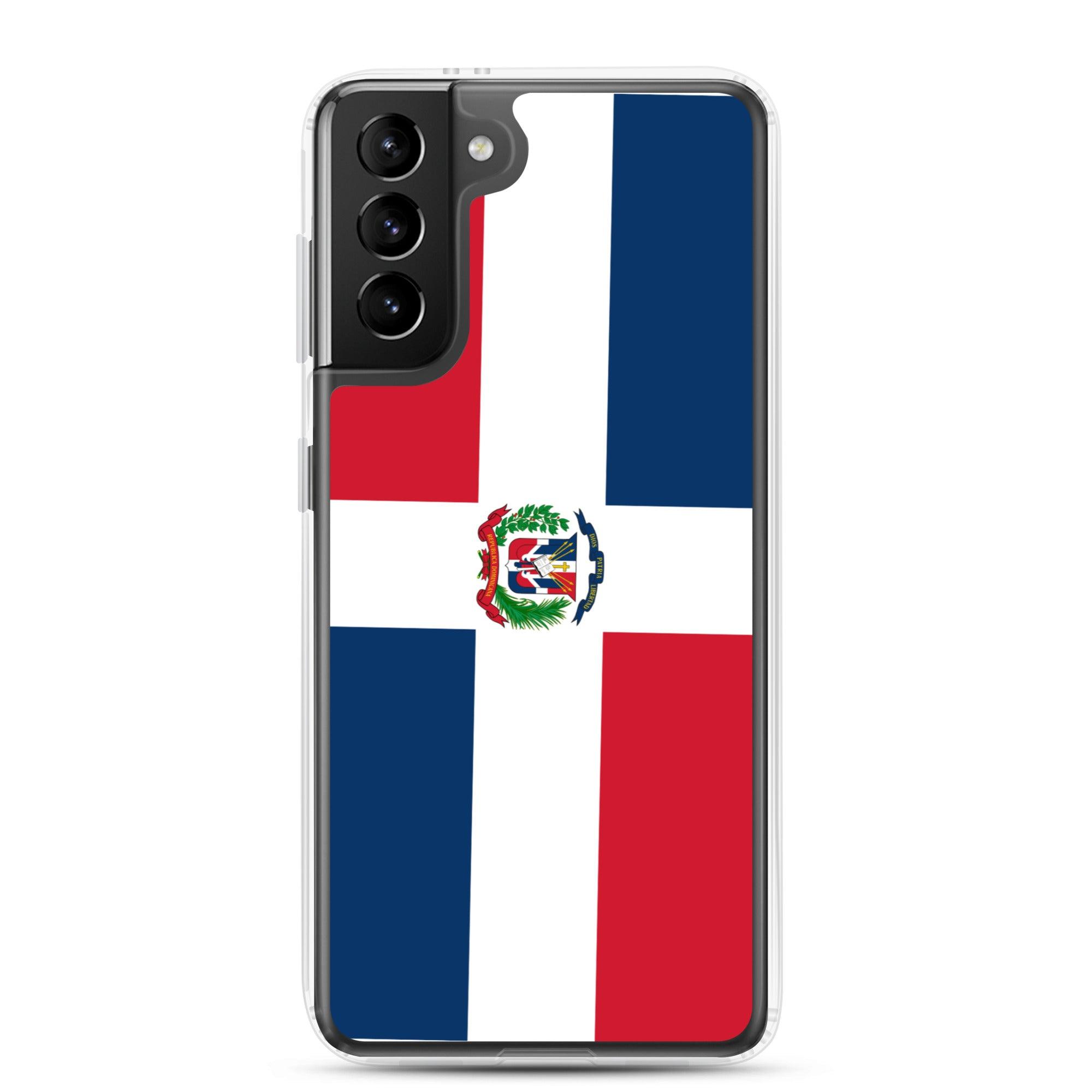 Coque de téléphone avec le drapeau de la République dominicaine, en TPU flexible et transparent, offrant une protection complète.