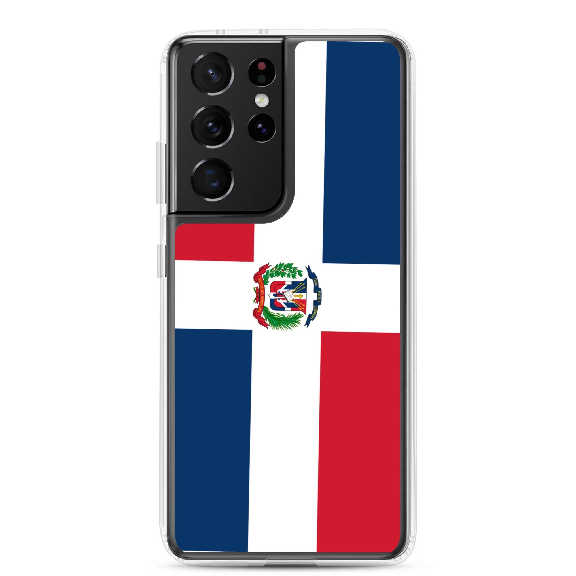 Coque de téléphone avec le drapeau de la République dominicaine, en TPU flexible et transparent, offrant une protection complète.