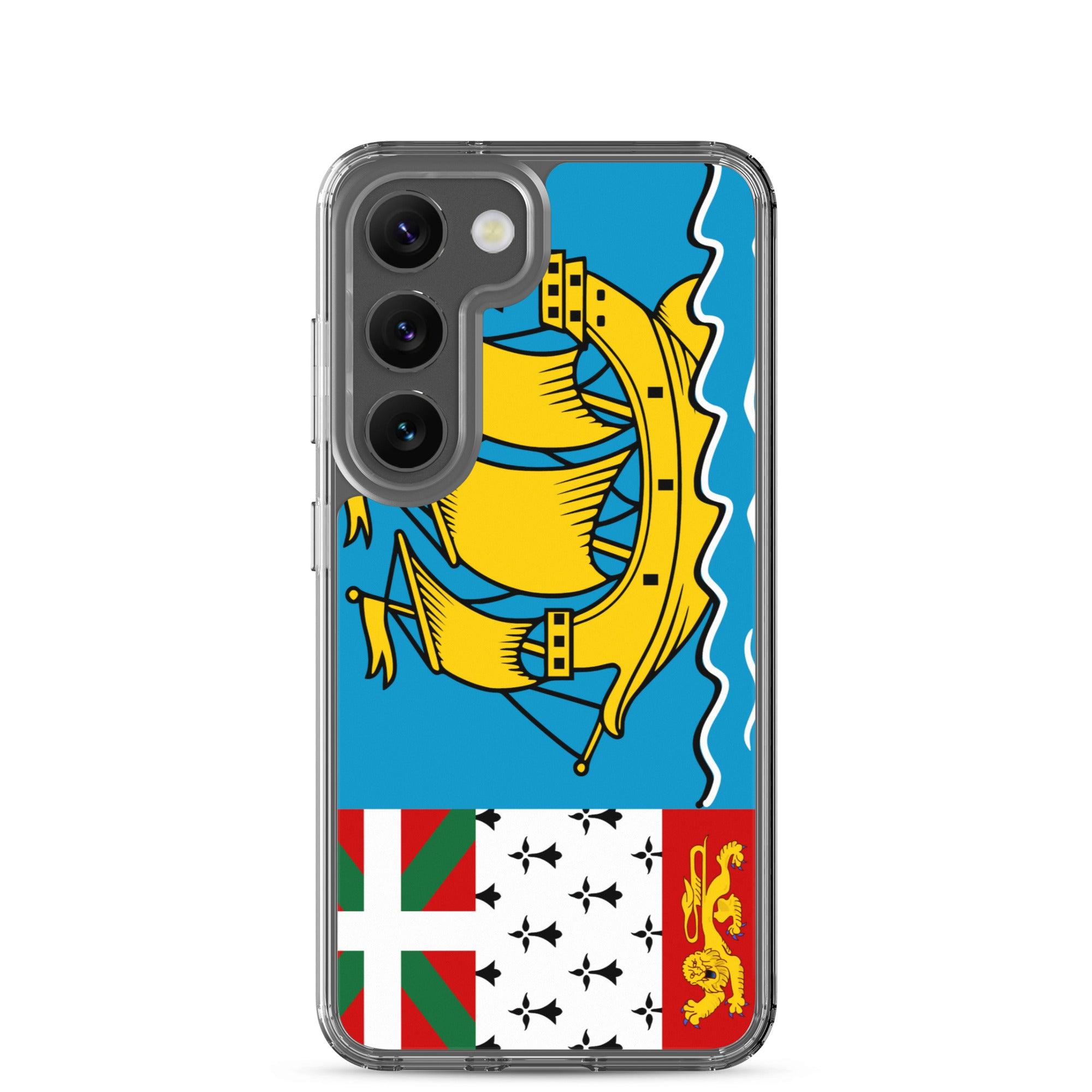 Coque de téléphone avec le drapeau de Saint-Pierre-et-Miquelon, en TPU flexible et transparent, offrant une protection élégante et durable.