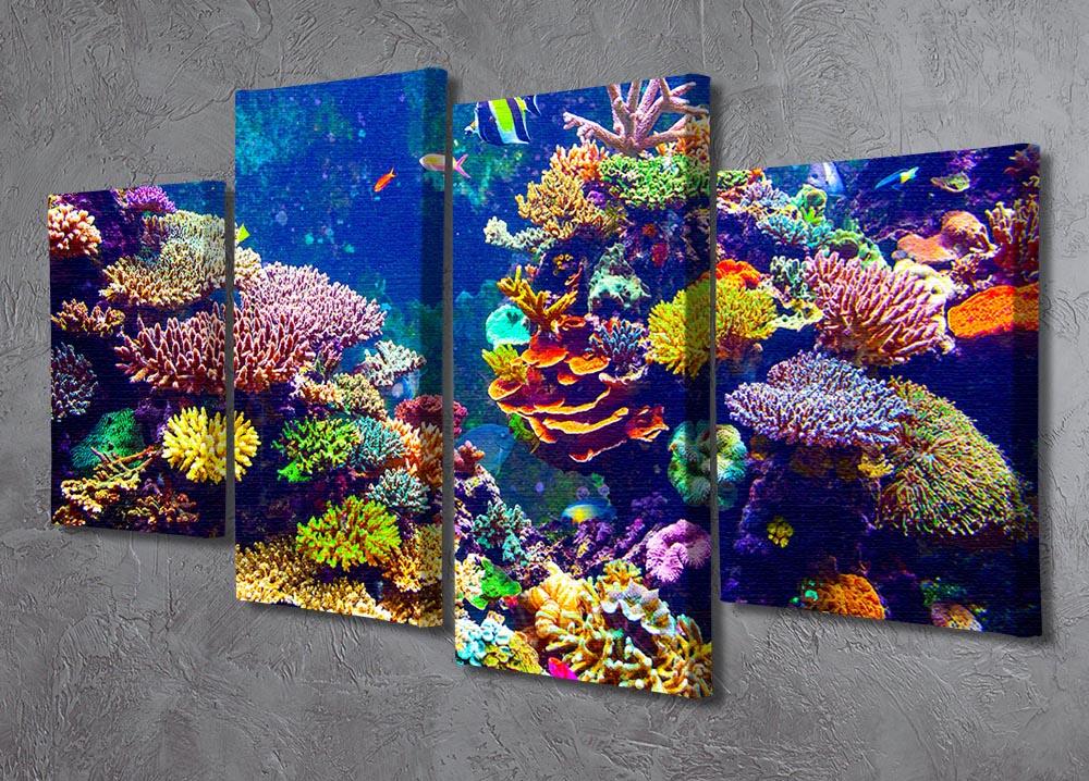 A vibrant 4-split canvas artwork featuring a coral reef and tropical fish, showcasing colorful marine life in a dynamic arrangement.