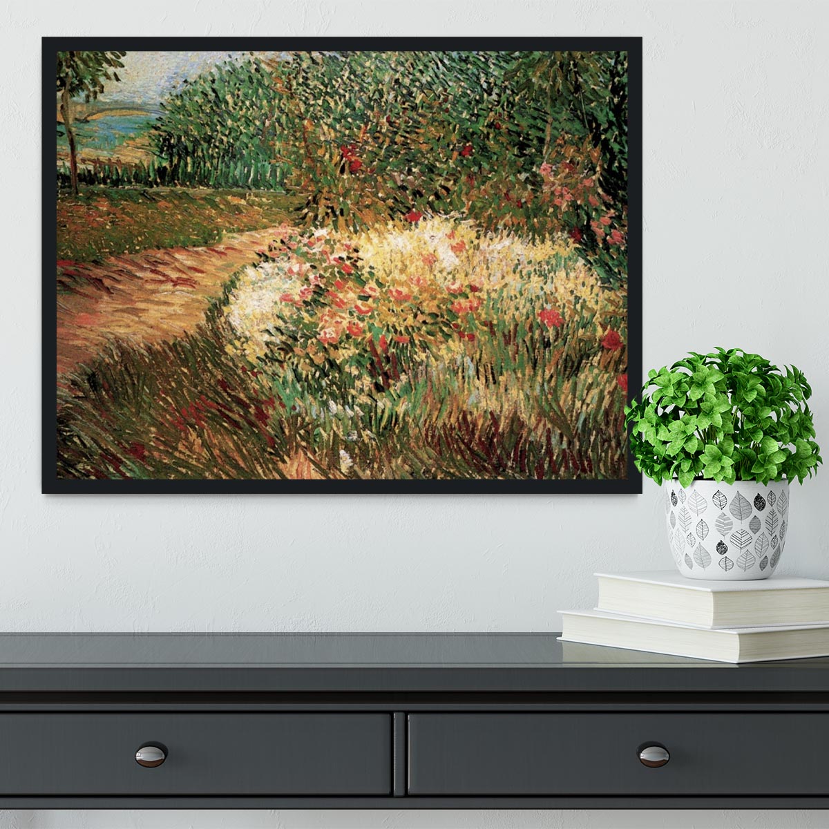 Framed print of Van Gogh's Corner of Voyer d'Argenson Park, showcasing vibrant colors and intricate details.