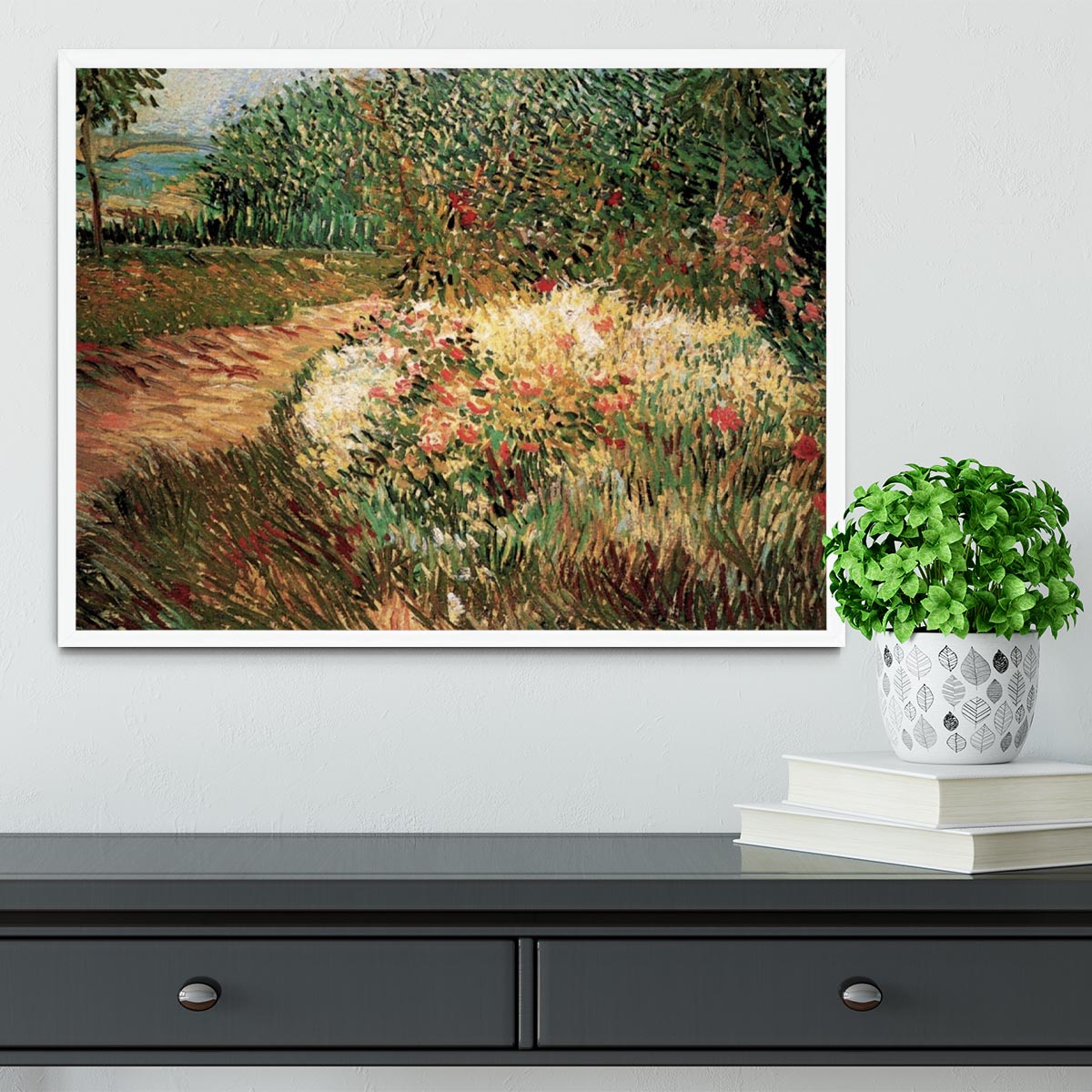 Framed print of Van Gogh's Corner of Voyer d'Argenson Park, showcasing vibrant colors and intricate details.