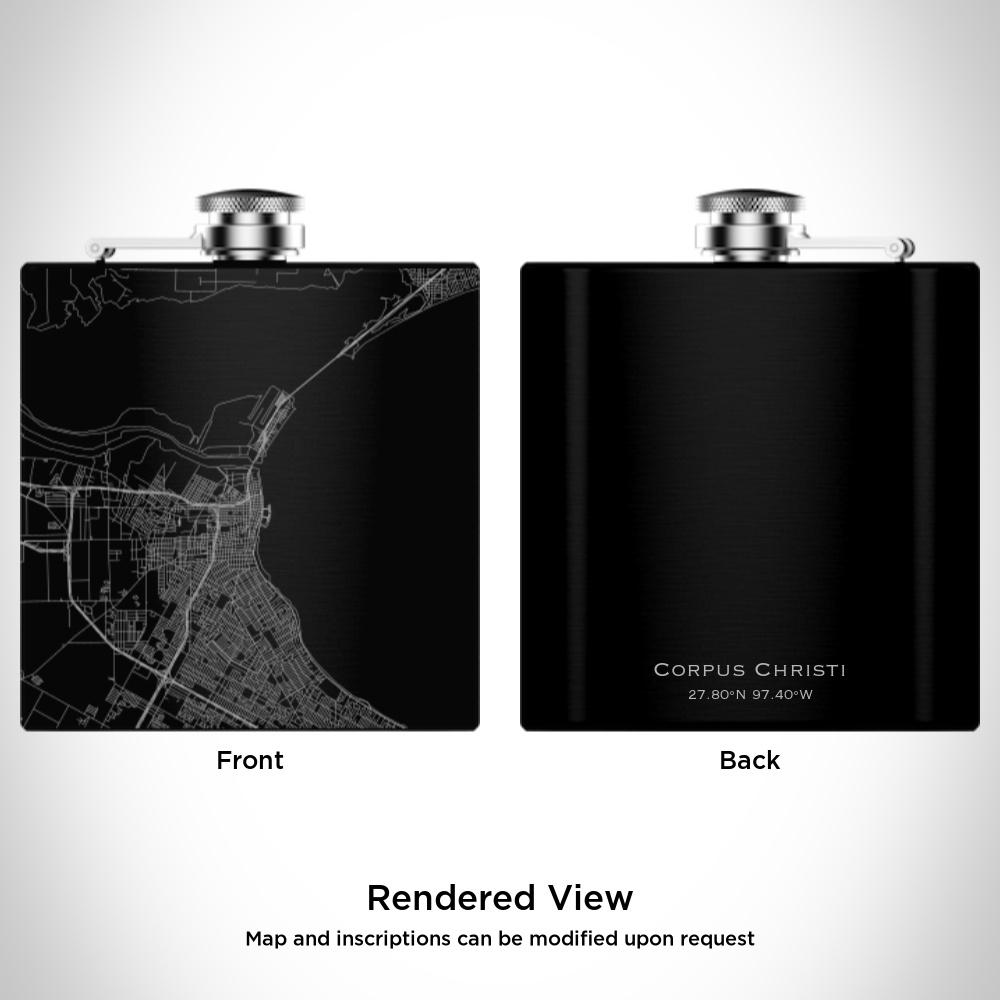 Custom engraved matte black hip flask featuring a map of Corpus Christi, Texas with coordinates, accompanied by a canvas bag and funnel.