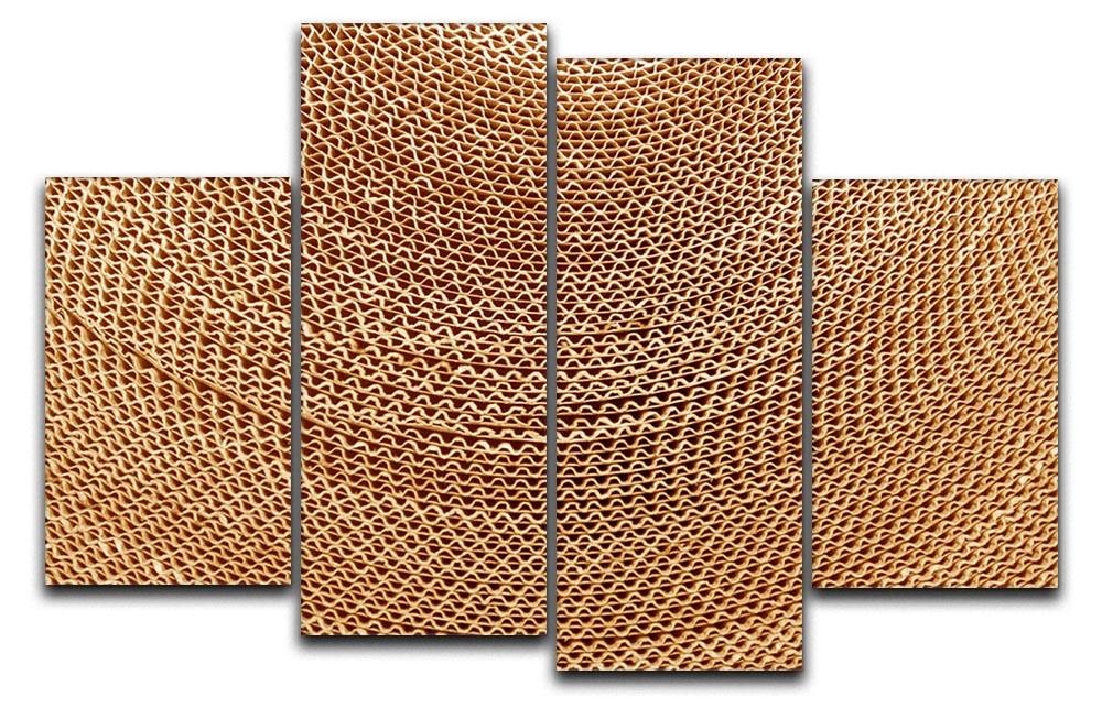 A modern abstract artwork featuring four split panels made of corrugated cardboard, showcasing dynamic shapes and textures.