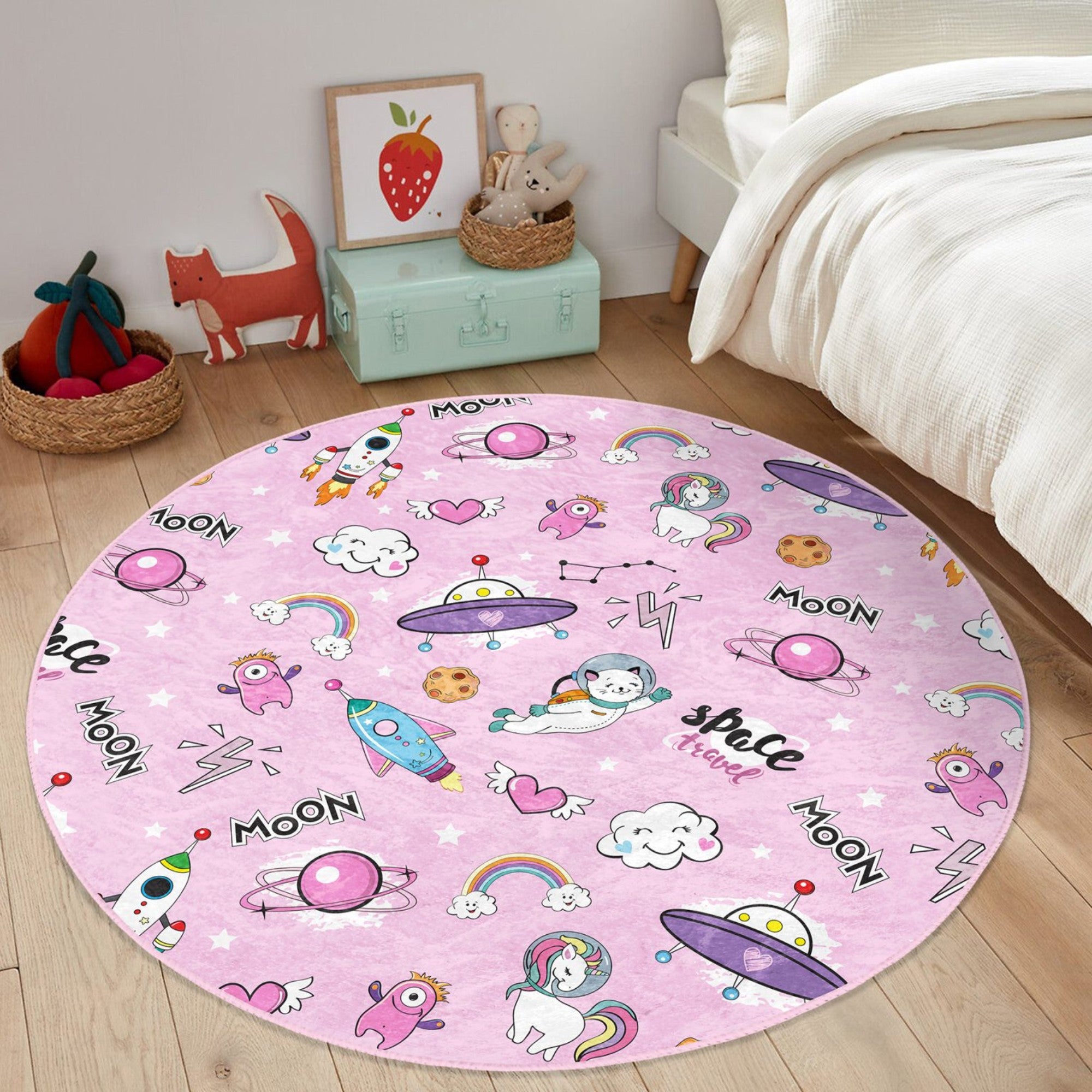 Cosmic Cat Adventure Kids Rug featuring vibrant colors and playful cat designs, perfect for children's rooms.