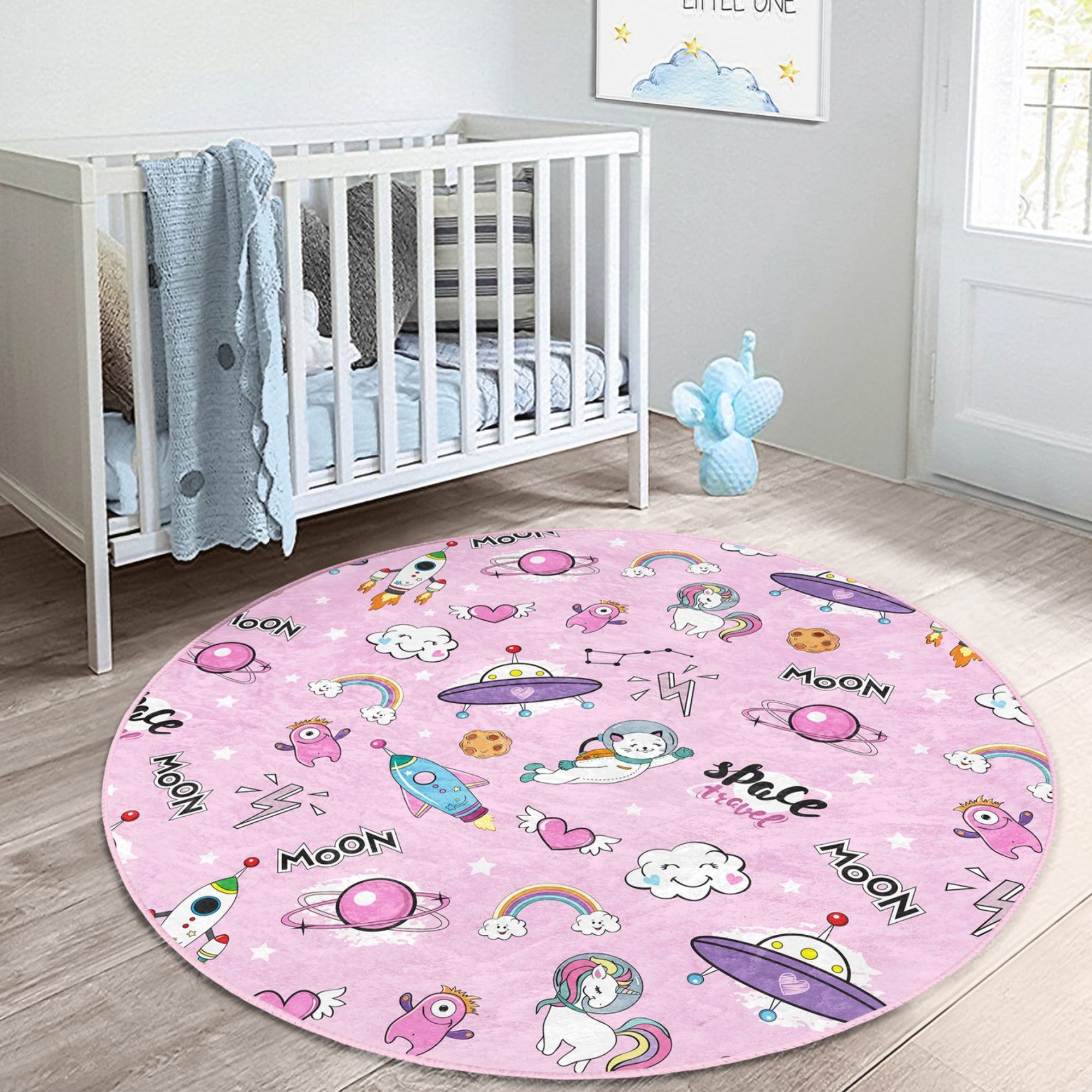 Cosmic Cat Adventure Kids Rug featuring vibrant colors and playful cat designs, perfect for children's rooms.
